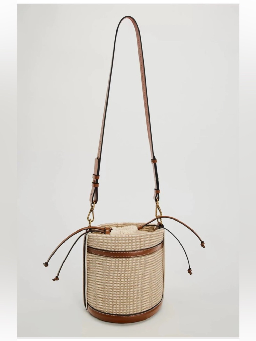 Zara Cream Woven Bucket Bag with Brown Leather Trim - Picture 5 of 12